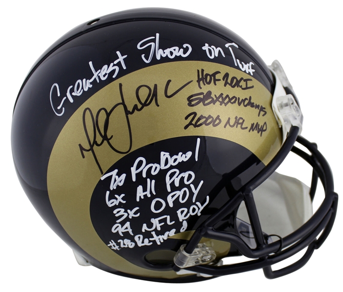 Marshall Faulk Signed St Louis Rams PROLINE Model Helmet with 9 Handwritten Stats! (Beckett/BAS)