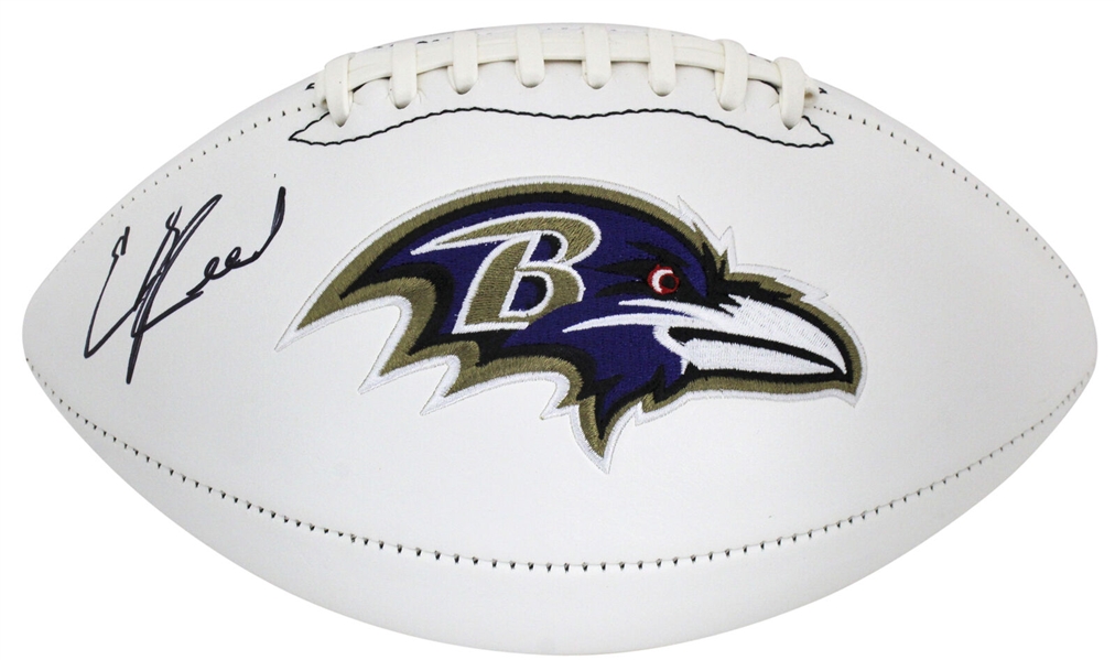 Ed Reed Signed Baltimore Ravens White Panel Logo Model Football (Beckett/BAS)