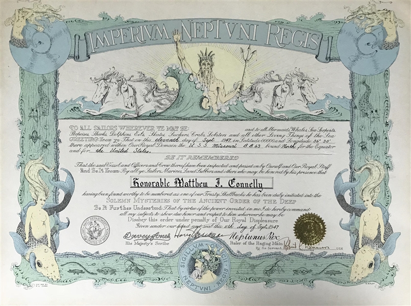 President Harry S. Truman Rare Signed 1947 Shellback Navy Document (Beckett/BAS)