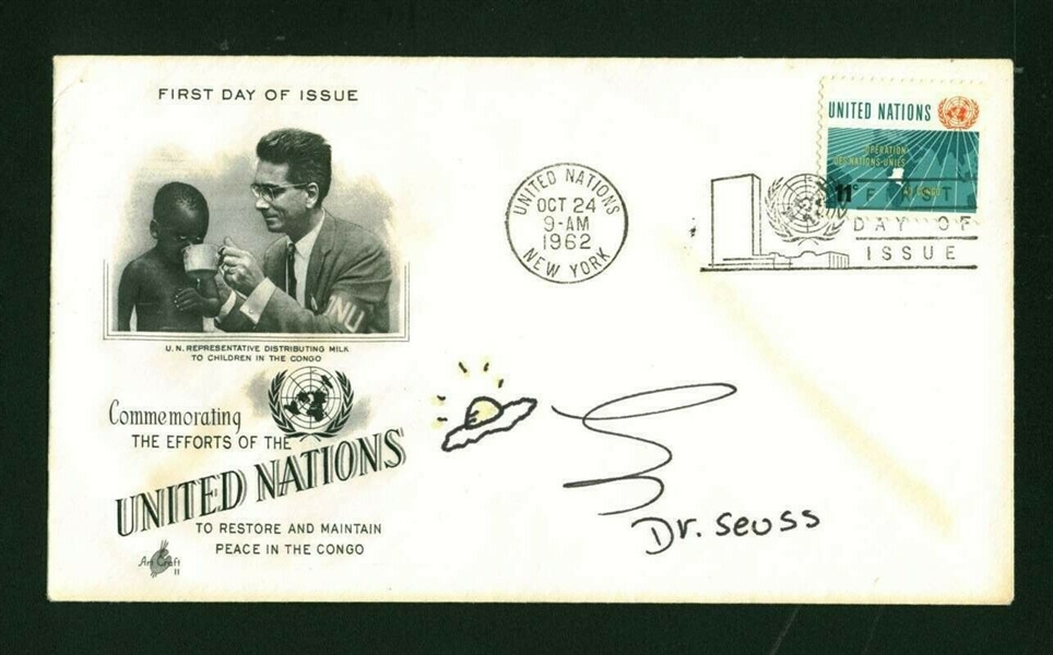 Dr. Seuss Signed First Day Cover w/ Hand-Drawn Green Eggs & Ham Sketch! (Beckett/BAS)