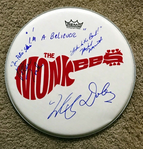 The Monkees Group Signed & Multi Inscribed Drumhead with Custom Band Decal (BAS/Beckett)