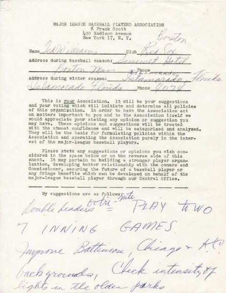 Ted Williams Signed MLBPA Members Survey with Handwritten Suggestions for Making the Game Better! (PSA/DNA)