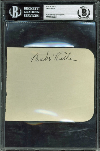 Babe Ruth Large & Impressive Signed 4.25" x 5.25" Album Page (BAS/Beckett Encapsulated)