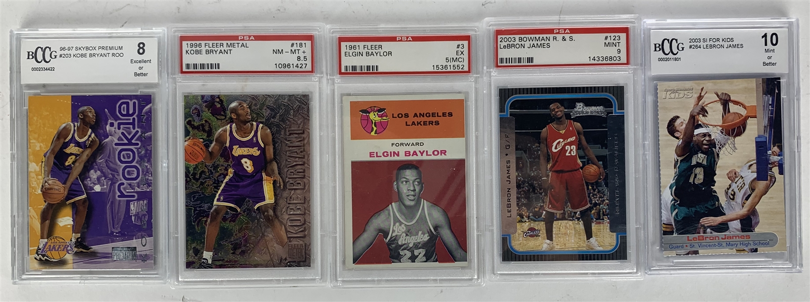 Lakers Stars Lot of Five (5) Encapsulated Basketball Cards w/ LeBron, Kobe & Baylor! (PSA & BCCG)
