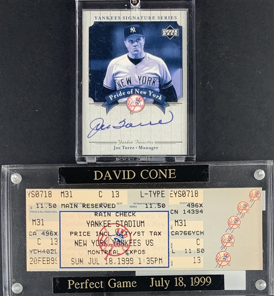 Yankee Greats Lot with Joe Torre Signed Card & David Cone Perfect Game Ticket! (Beckett/BAS Guaranteed)