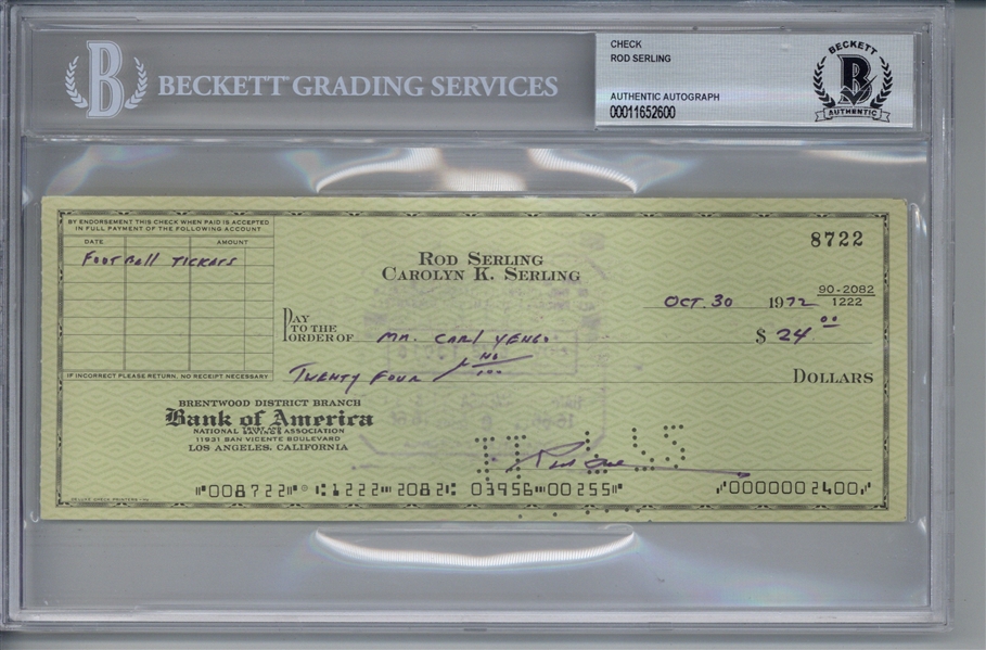 Rod Serling Signed 1972 Personal Bank Check (Beckett/BAS Encapsulated)