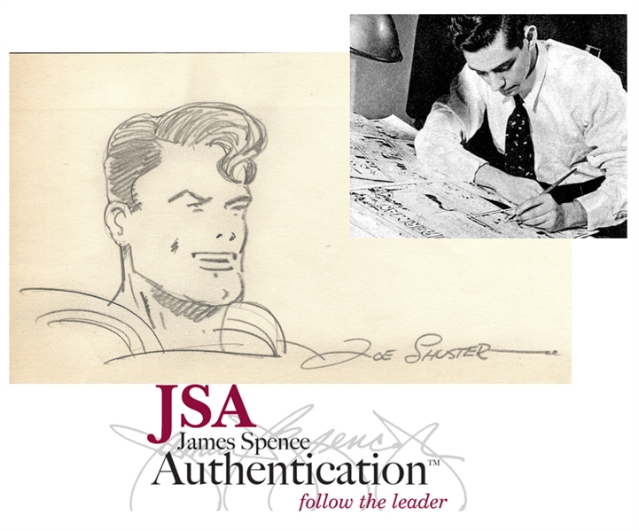 Joe Shuster ULTRA-RARE 4.75" x 8.5" Hand Drawn & Signed Superman Sketch! (JSA)