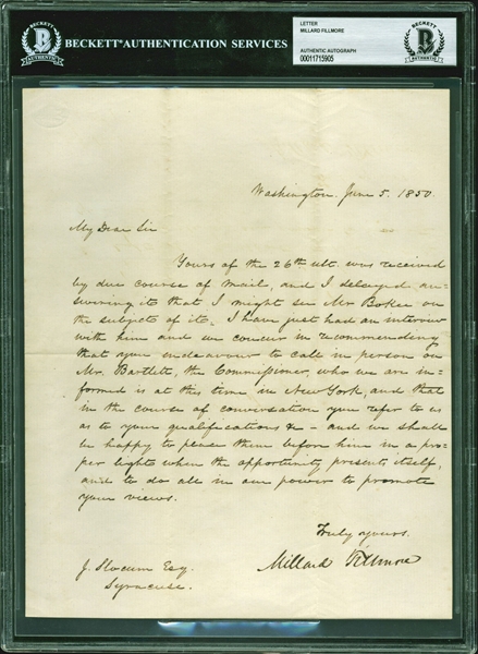 Millard Fillmore Handwritten & Signed 1850 Letter (Beckett/BAS Encapsulated)