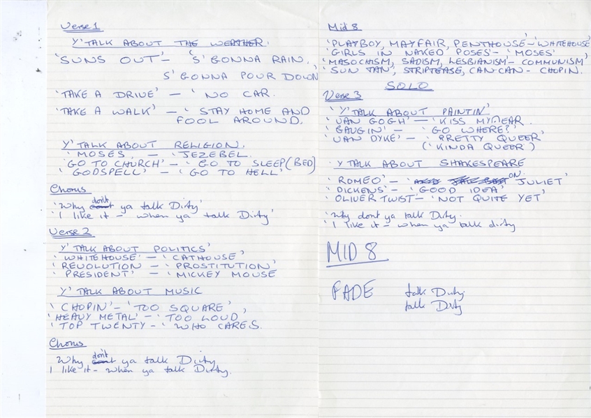 The Who: John Entwistle Handwritten Lyrics & Music Arrangement for "Talk Dirty" (Entwistle Foundation LOA)