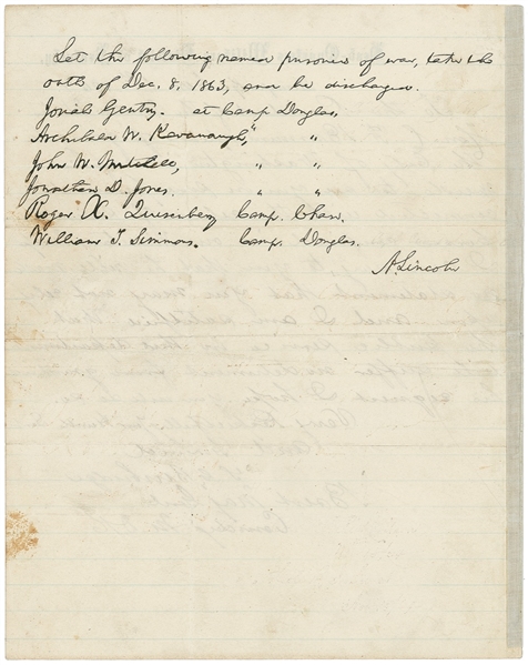 President Abraham Lincoln Rare Handwritten & Signed Civil War Dated POW Discharge Endorsement (PSA/DNA)