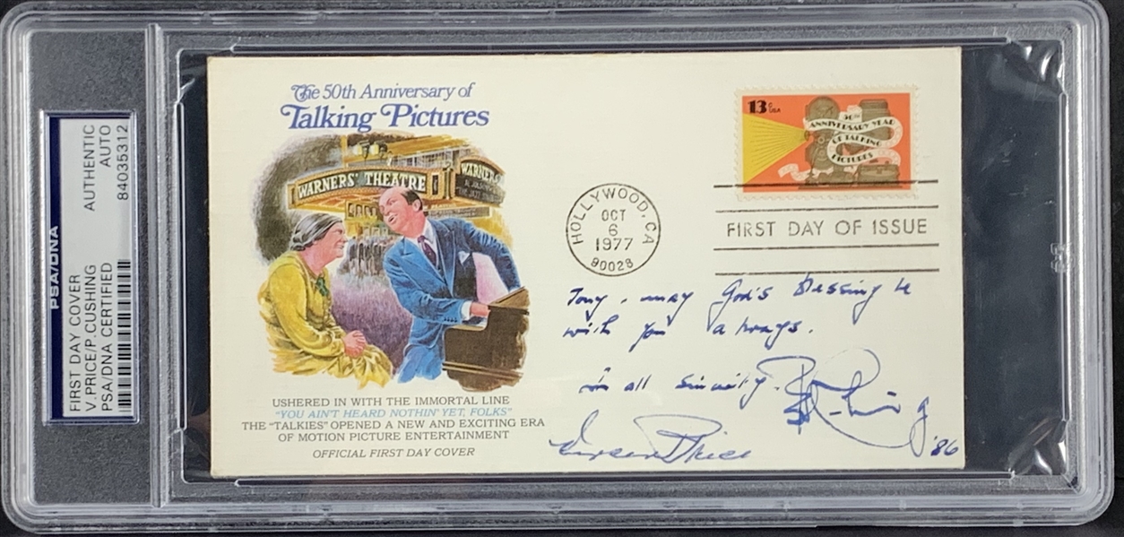 Peter Cushing & Vincent Price Signed Motion Picture Commemorative First Day Cover (PSA/DNA Encapsulated)