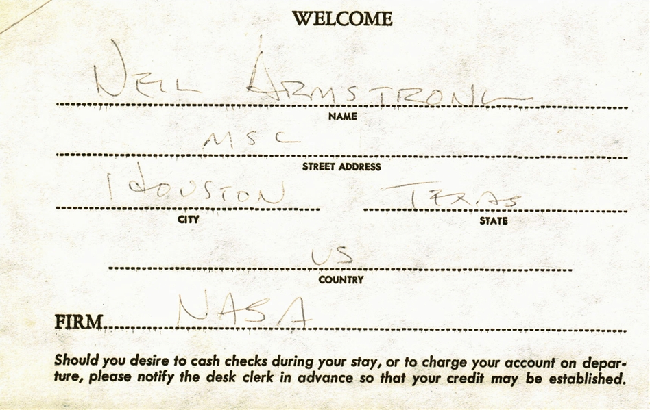 Neil Armstrong Signed 3.5" x 5" Hotel Check-In Sheet w/ Rare "Nasa" Inscription (JSA)