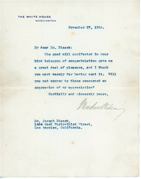 Woodrow Wilson Signed 1916 White House Letter (Beckett/BAS)