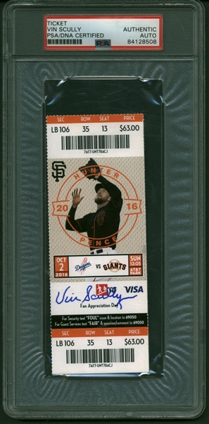 Vin Scully Signed October 2nd 2016 Final Broadcast Game Ticket (PSA/DNA Encapsulated)