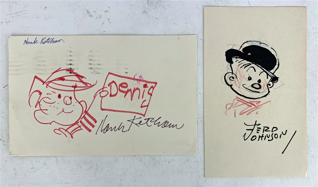 Ferd Johnson & Hank Ketchman Signed & Hand Drawn/Sketched 3" x 5" Index Cards (Beckett/BAS Guaranteed)