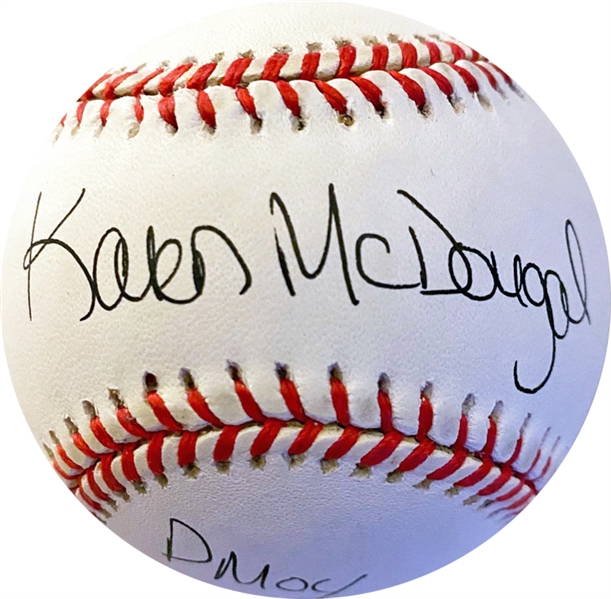 Karen McDougal Single Signed ONL Baseball with "PMOY 98" Inscription (Beckett/BAS)