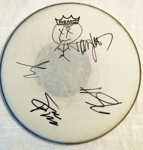 Motley Crue Group Signed & Concert Used Remo Drumhead from "The Final Tour" (Beckett/BAS Guaranteed)