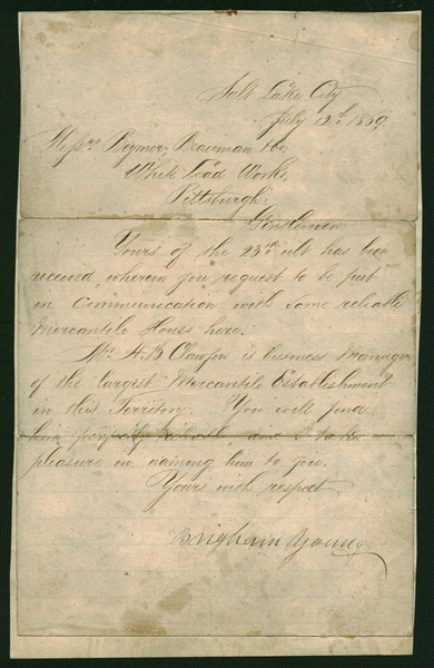 Brigham Young Signed & Hand Written 5" x 8" 1869 Letter (Beckett/BAS)
