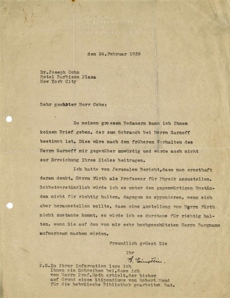 Albert Einstein Signed 1939 Princeton Letter w/ Physics/Jewish Content! (Beckett/BAS)