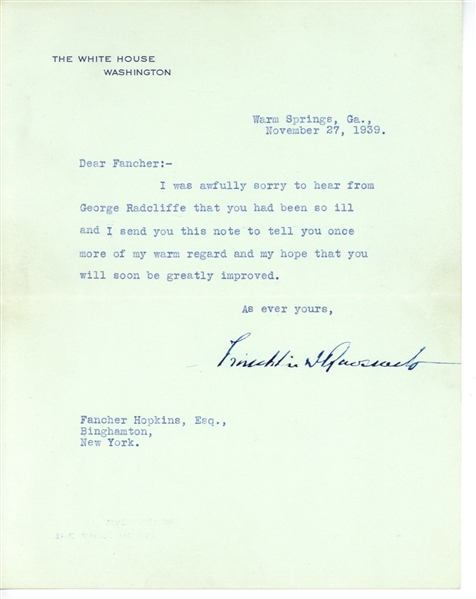 President Franklin D. Roosevelt Signed 1939 White House Letter (JSA)