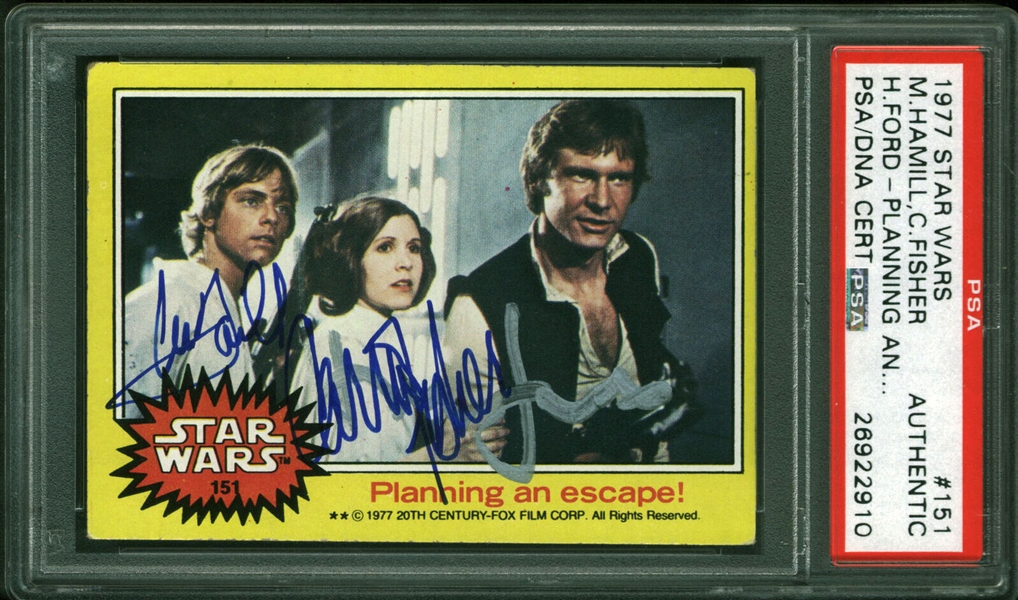Star Wars: Harrison Ford, Carrie Fisher & Mark Hamill Signed 1977 Topps Star Wars Trading Card #151 (PSA/DNA Encapsulated)