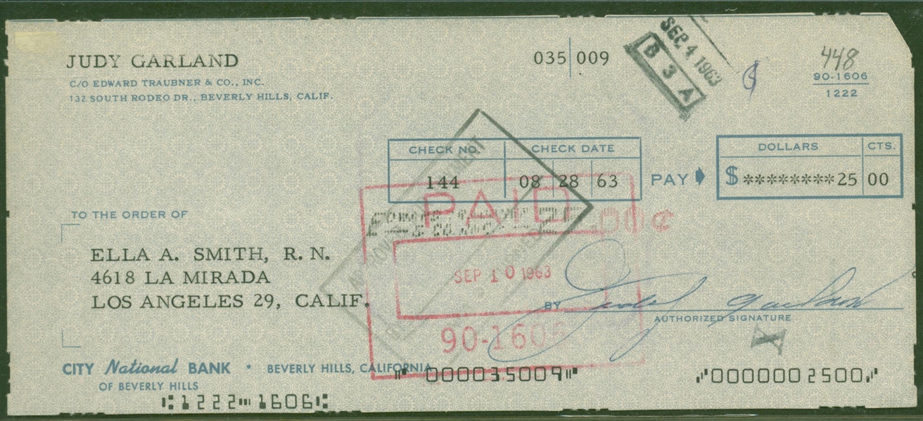 Judy Garland Signed 1963 Personal Bank Check (Beckett/BAS Guaranteed)