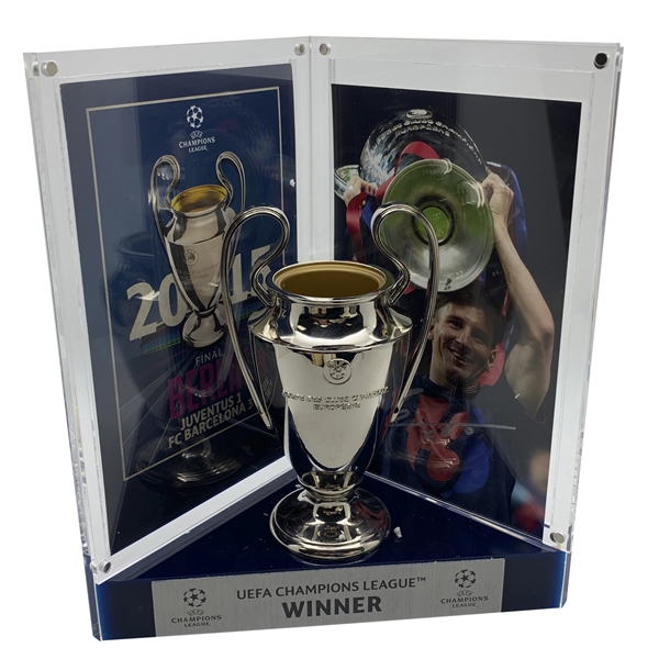 Leo Messi Signed 10" x 8" 3D UEFA Champions League Trophy Display (Beckett/BAS Guaranteed)