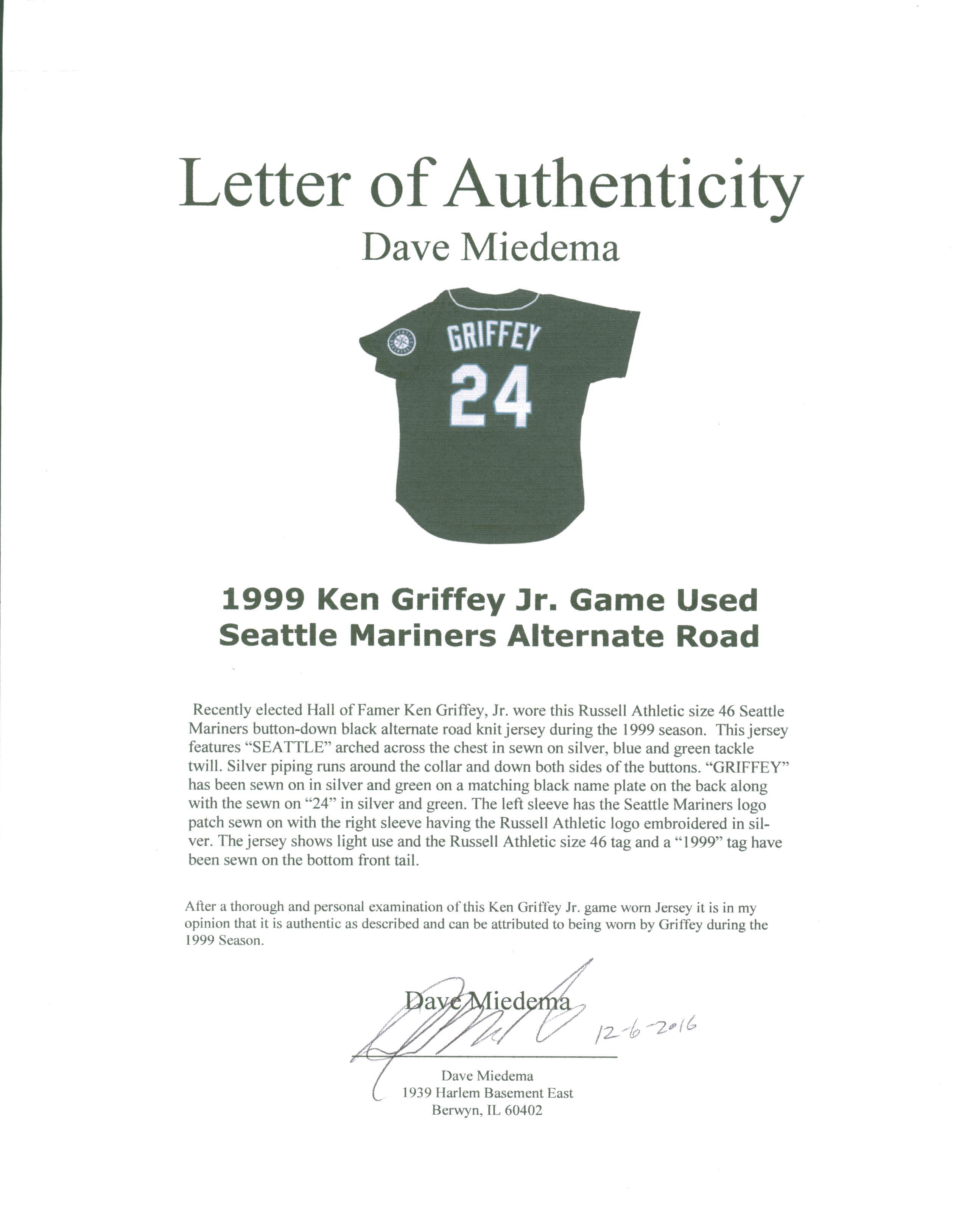 1999 Ken Griffey Jr. Autographed Game Worn Alternate Jersey