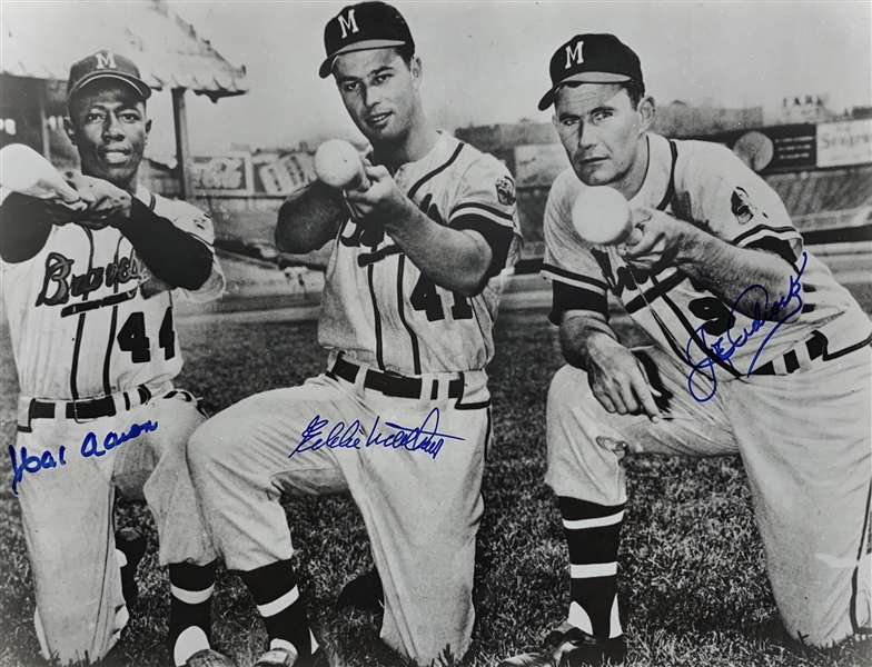 Hank Aaron, Eddie Matthews & Joe Adcock Signed 16" x 20" B&W Photo (PSA/DNA)
