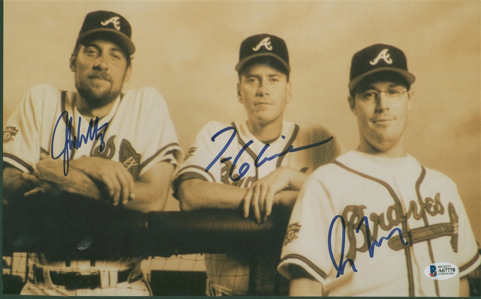 John Smoltz, Greg Maddux & Tom Glavine Signed 8" x 14" Photograph (Beckett/BAS)