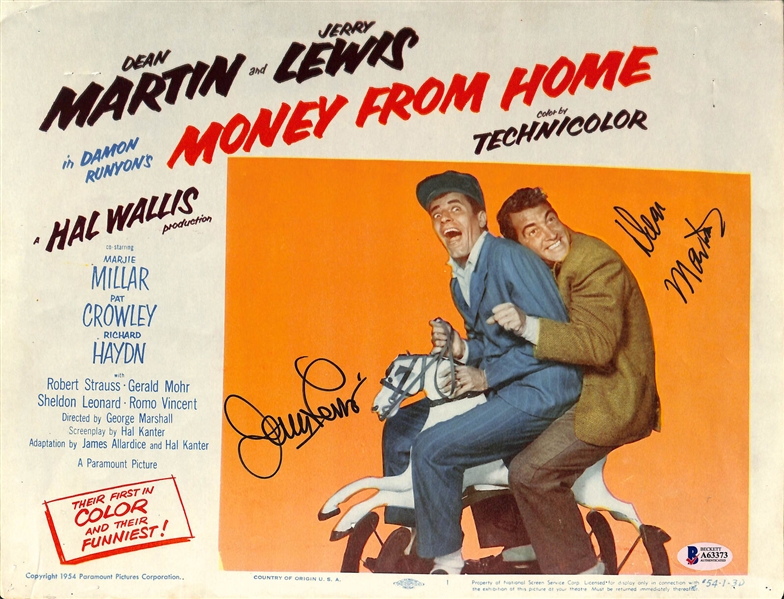 Dean Martin & Jerry Lewis Signed Vintage 11" x 14" Lobby Card for "Money from Home" (Beckett/BAS LOA)