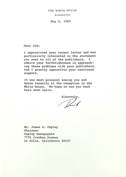 Richard Nixon Signed White House Letter as President to Powerful Newspaper Publisher James Copley (PSA/DNA)