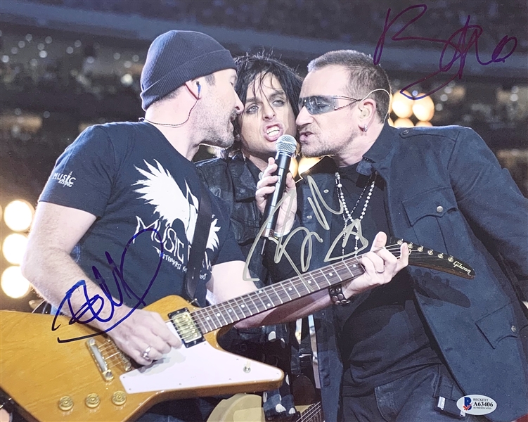 U2 Meets Green Day! Bono, Edge & Billie Joe Armstrong Signed 11" x 14" Color Photo (Beckett/BAS LOA)