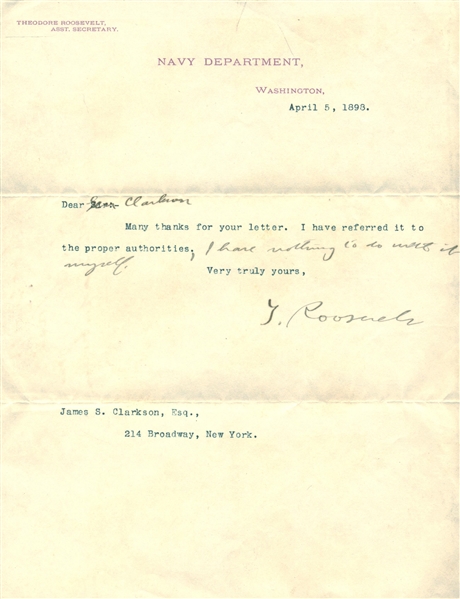 President Theodore Roosevelt Signed Typed Navy Department 1898 Letter w/ Hand Written Message! (Beckett/BAS)