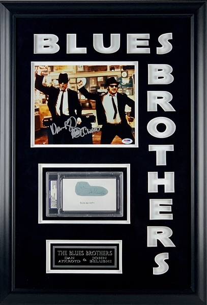 Blues Brothers: John Belushi Signed Sheet & Dan Aykroyd Signed Photo in Custom Framed Display (PSA/DNA)
