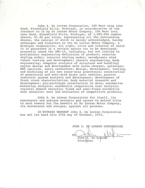 The Start of the DeLorean: John DeLorean Signed Oct 27th, 1975 DMC-12 Document (JSA)