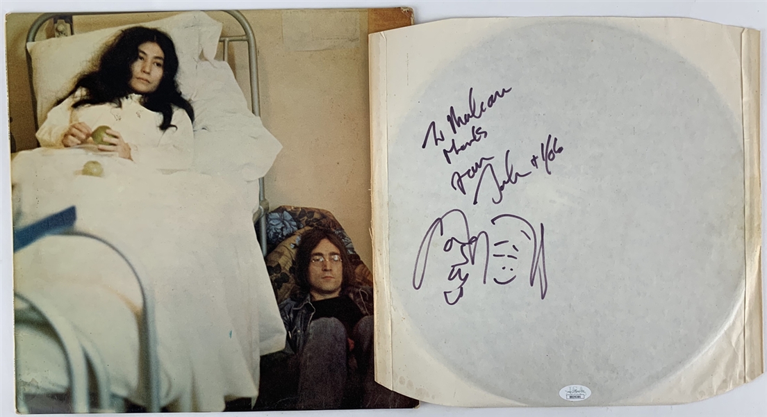 The Beatles: John Lennon Desirable Signed Album Inner Sleeve with Hand Drawn Self Portrait & Yoko Sketch (Tracks UK & JSA LOAs) 