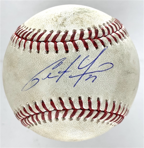 Christian Yelich Signed & Game Used OML Baseball :: April 14, 2019 :: Ball Pitched to Yelich by Ross Stripling (MLB Hologram & PSA/DNA COA)