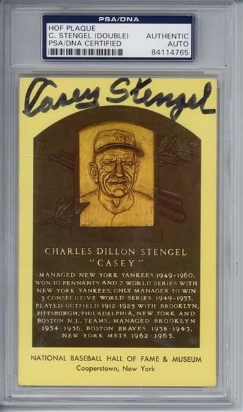 Casey Stengel Double Signed & Handwritten Hall of Fame Plaque Card (PSA/DNA)