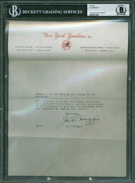 Joe DiMaggio Vintage Signed 8.5" x 11" New York Yankees Letter - Responding to an Autograph Request! (Beckett/BAS Encapsulated)