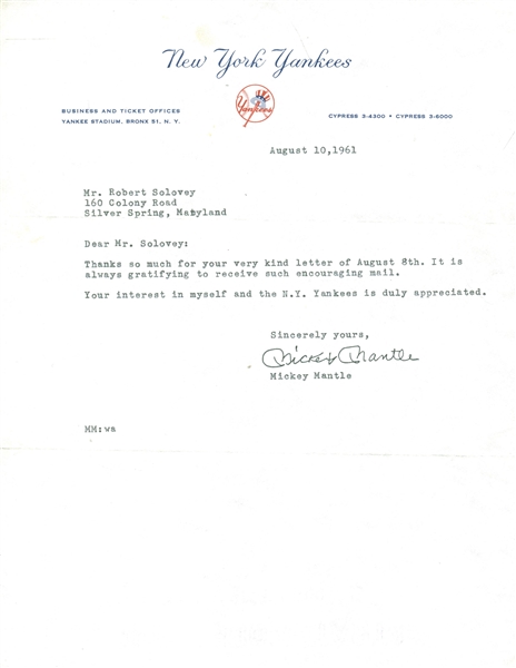 Mickey Mantle Signed 1961 New York Yankees Autograph Request Letter The Day Prior to HR #44 of the Year! (Beckett/BAS Guaranteed)