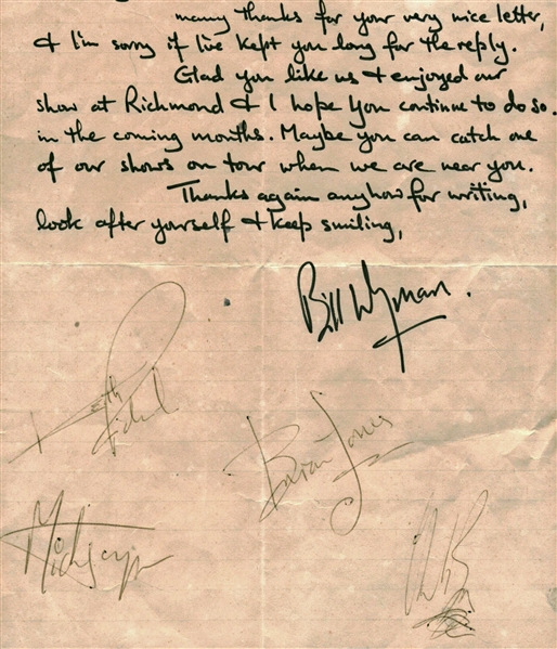 The Rolling Stones Group Signed 5" x 7" Handwritten Letter w/ Jones, Jagger, Richards, Wyman & Watts! (Beckett/BAS Guaranteed)