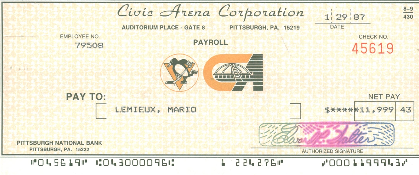 Mario Lemieux ULTRA-RARE Signed 1987 Penguins Payroll Check (Beckett/BAS Guaranteed)