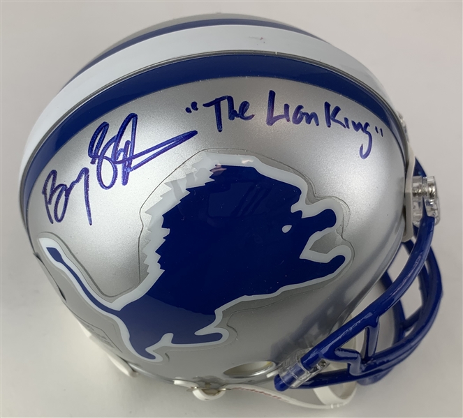 Barry Sanders Signed & "The Lion King" Inscribed Lions Mini Helmet (Beckett/BAS Guaranteed)