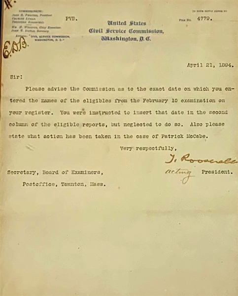President Theodore Roosevelt EARLY 1894 Signed Typed Letter w/ "Acting" President Inscription! (JSA)