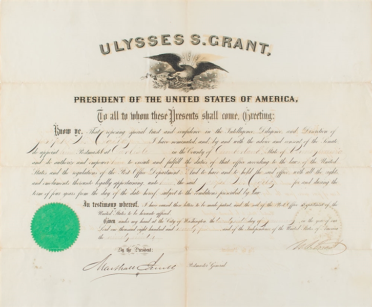 President Ulysses S. Grant 1875 Postmaster Appointment Document (Beckett/BAS)