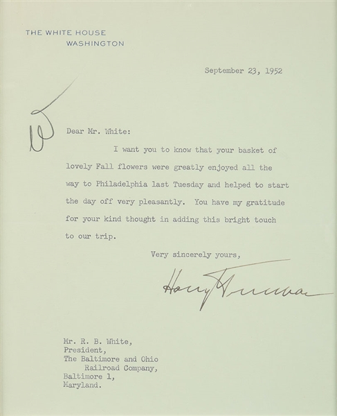 Harry Truman Near-Mint Signed White House Letter as President (1952)(Beckett/BAS)