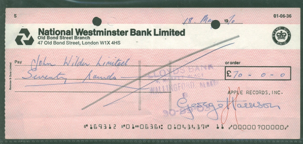 The Beatles: George Harrison Signed 1970 Personal Bank Check - Nearly One Month Following The Beatles Break Up! (Beckett/BAS Guaranteed)