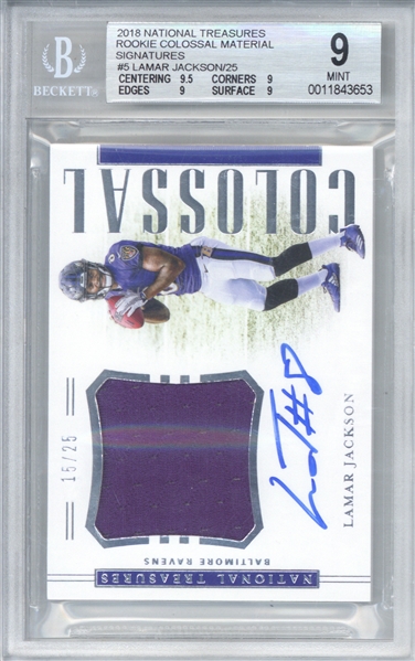 LaMar Jackson Signed 2018 National Treasures Rookie Colossal Material Signatures #5 Card /25 (Beckett/BGS Graded MINT 9 w/ 10 Auto)