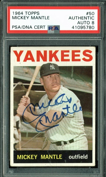 Mickey Mantle Signed 1964 Topps #50 Card - PSA/DNA Graded NM-MT+ 8